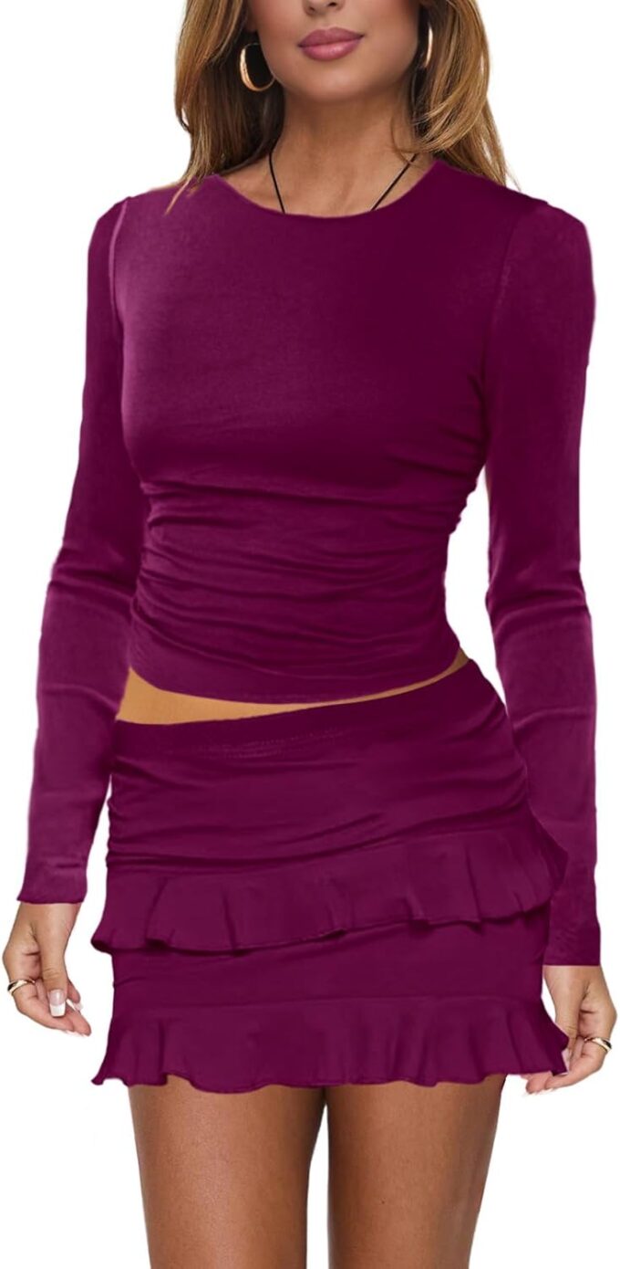 2 Piece Sets for Women Y2k Going Out Ruffle Ruched Long Sleeve Crop Top And High Waist Skirt Set Club Mini Dress – Bild 4