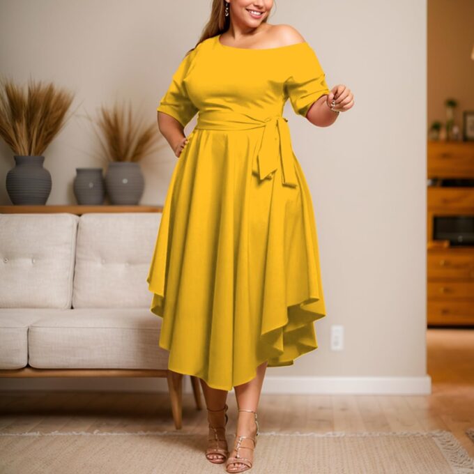 Plus Size Women Wedding Guest Dress Off Shoulder Boat Neck Irregularly Flowy Midi Church Dress – Bild 2
