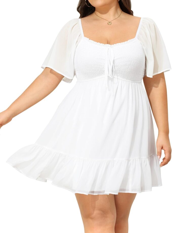 Plus Size Women's Sweetheart Neckline Dress Smocked Short Summer Sundress Chiffon Mini Cute Graduation Dresses