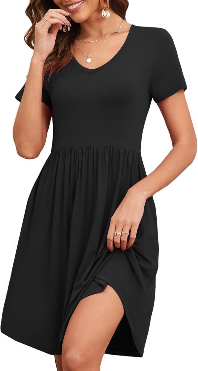 Women's 2025 Summer Short Sleeve Dresses Casual Loose Fit Swing T Shirt Dress V Neck Sundress with Pockets – Bild 2