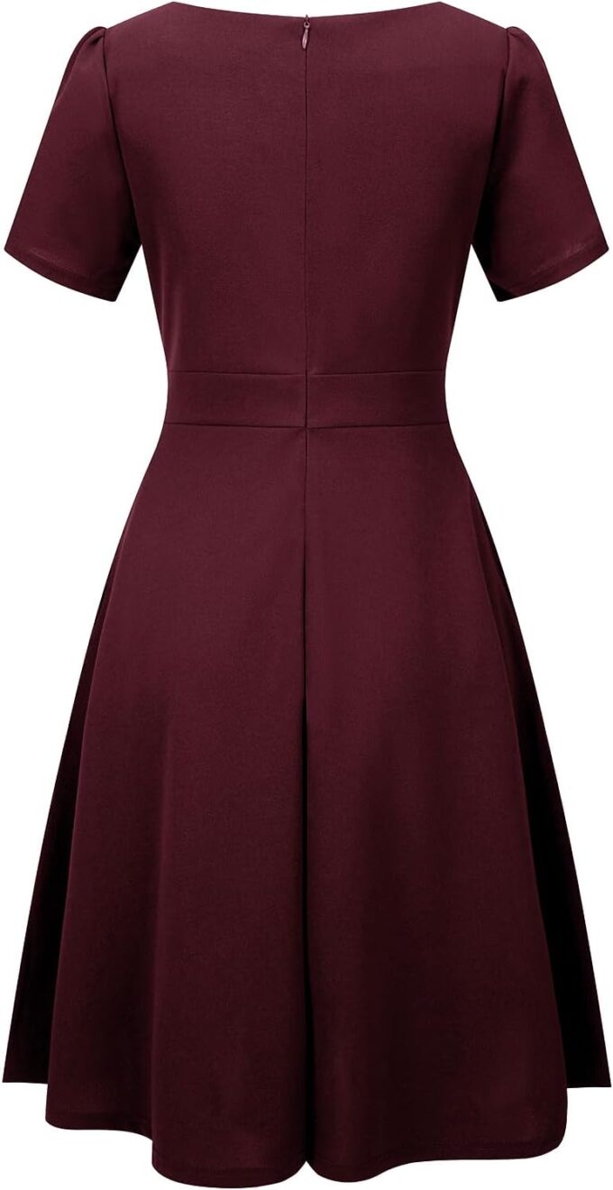 Damen Elegant Vintage 50er Jakobsmuschel Trim V-Ausschnitt Casual Arbeitskleid Swing A Linie Cocktail Party Kleider mit Taschen 755 – Bild 6
