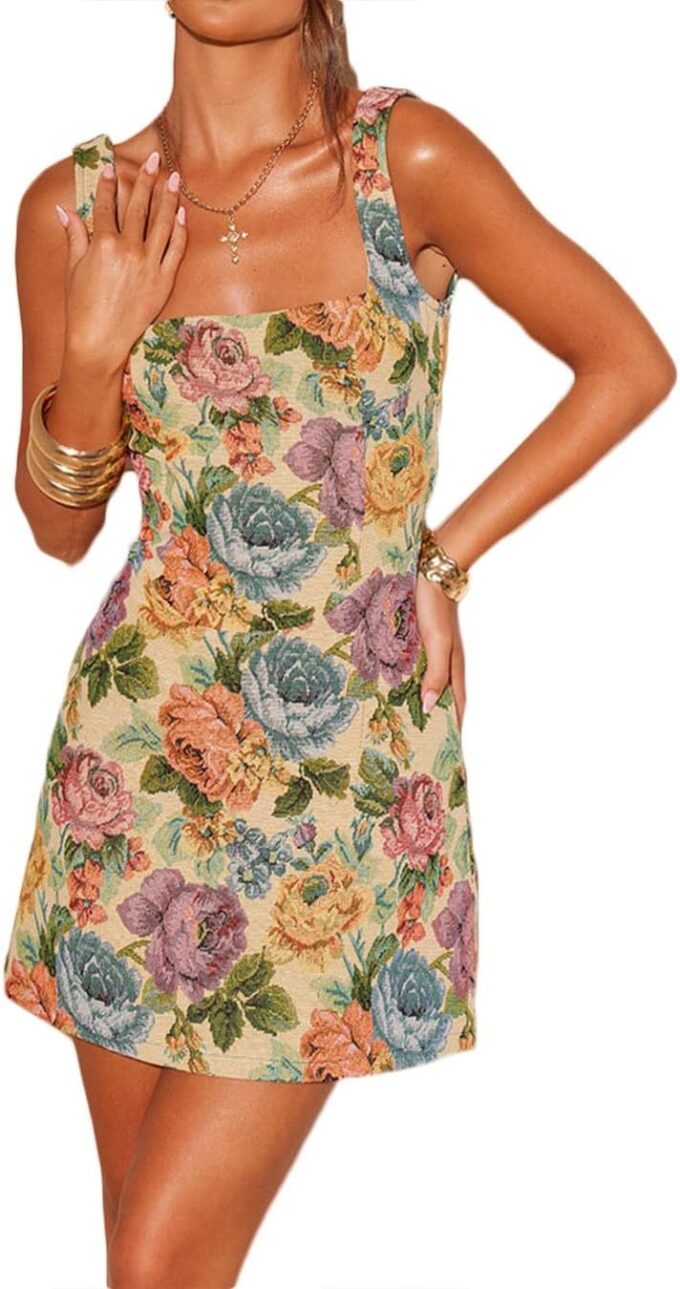 Summer Dresses for Women Watercolor Flowers Pattern Casual Sleeveless Sundress A-Line Tank Short Dresses