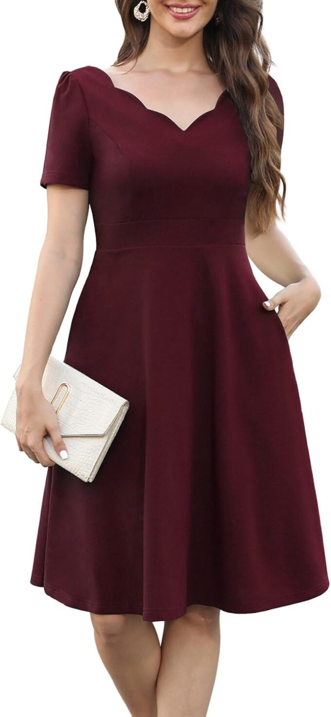 Damen Elegant Vintage 50er Jakobsmuschel Trim V-Ausschnitt Casual Arbeitskleid Swing A Linie Cocktail Party Kleider mit Taschen 755