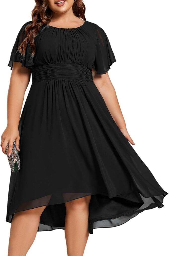 Ever-Pretty Women's A Line Crew Neck Short Sleeves Pleated Elastic Back Chiffon Midi Plus Size High Low Wedding Guest Dresses