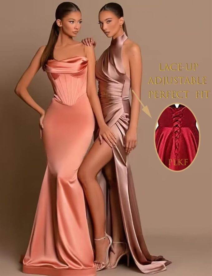 Halter Bridesmaid Dresses Long with Slit Satin Prom Dress Pleated Mermaid Formal Gown Evening Dress – Bild 2