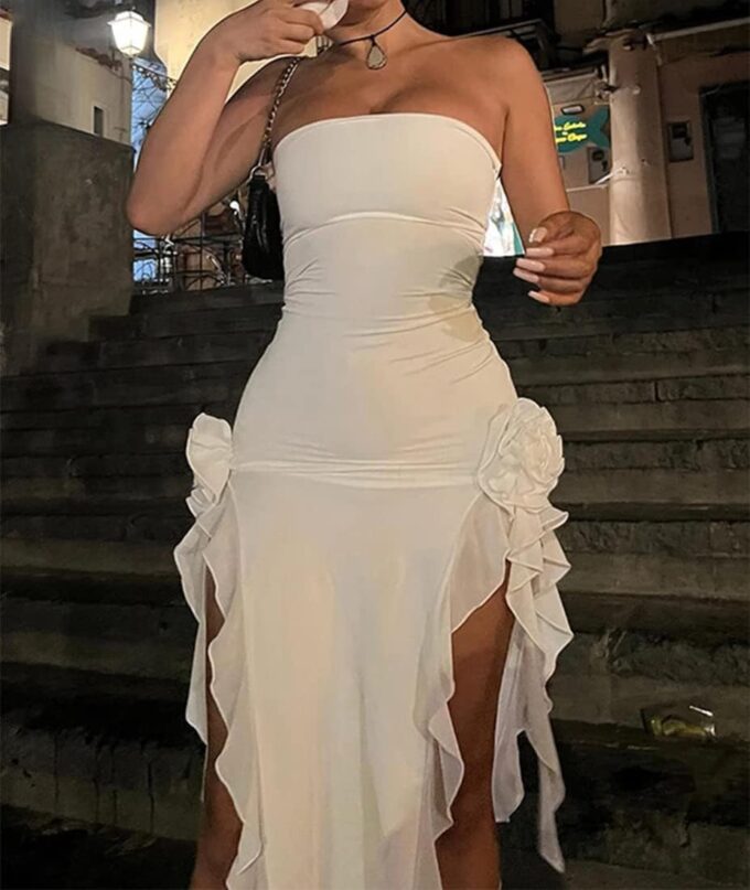 SHESEEWORLD Women's Sexy Fringe Ruffle Sleeveless Backless Off Shoulder Bodycon Split Irregular Hem Maxi Flowy Dress – Bild 3