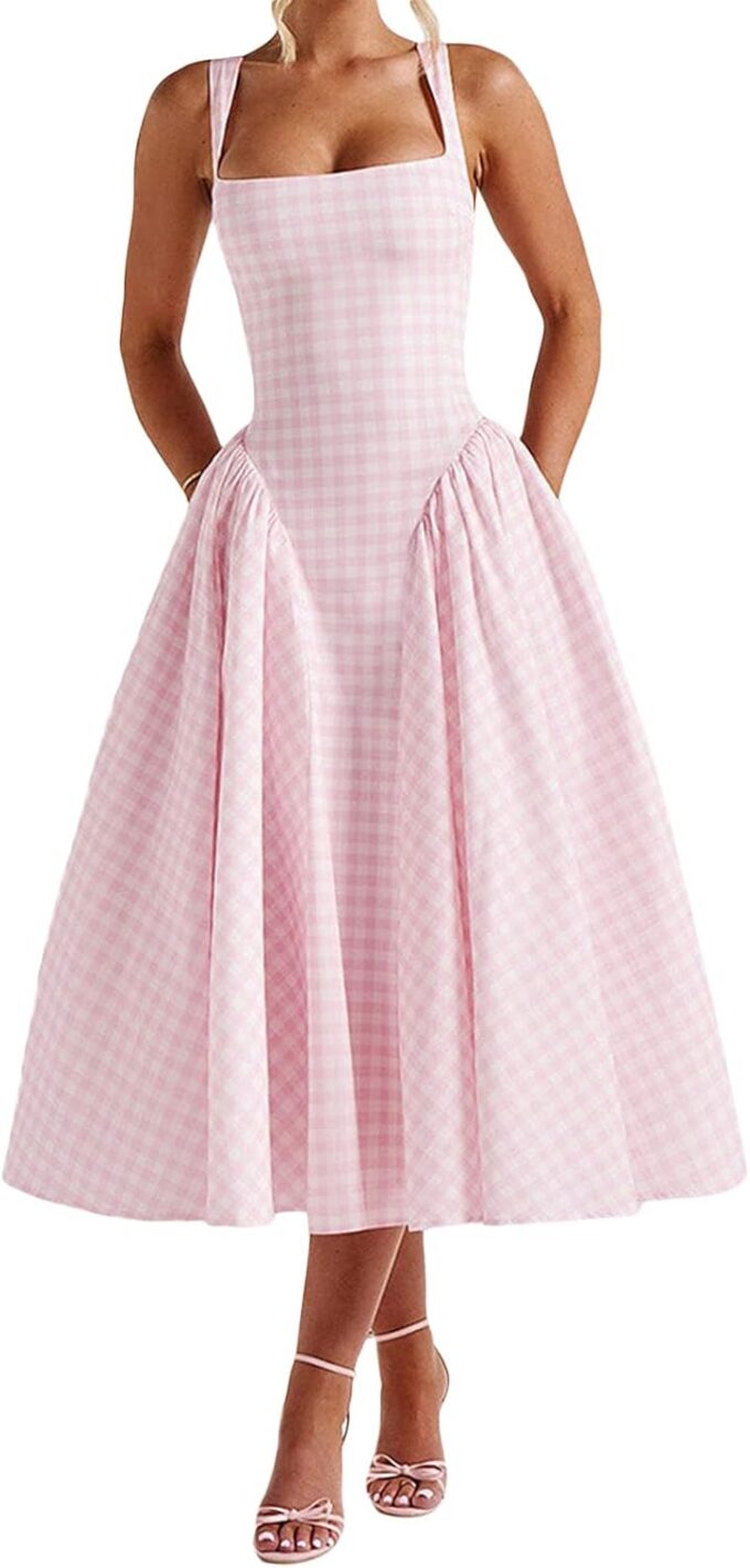 Women Sexy Corset Maxi Dress Square Neck Sleeveless Backless Bustier A-Line Midi Dresses Sexy Wedding Guest Sundress
