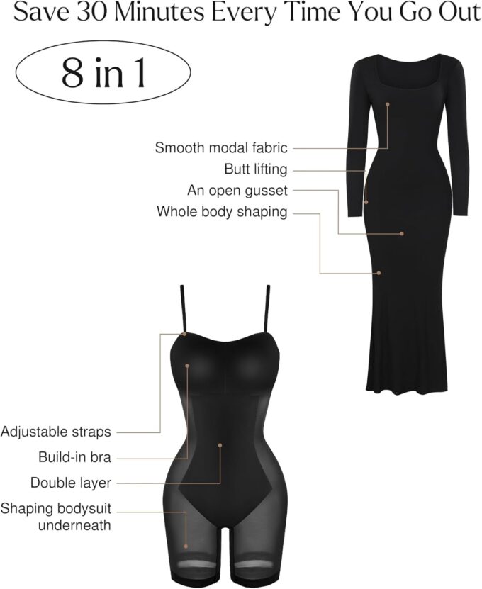 Popilush Long Sleeve Maxi Dress Bodycon Cocktail Dress Shapewear Tummy Control Fall Formal Dresses Built-in Bra – Bild 3