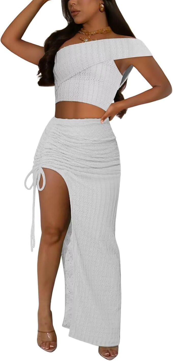 Sexy 2 Piece Maxi Skirt Sets for Women Off Shoulder Crop Top Bodycon High Slit Skirt Beach Dresses Summer Outfits