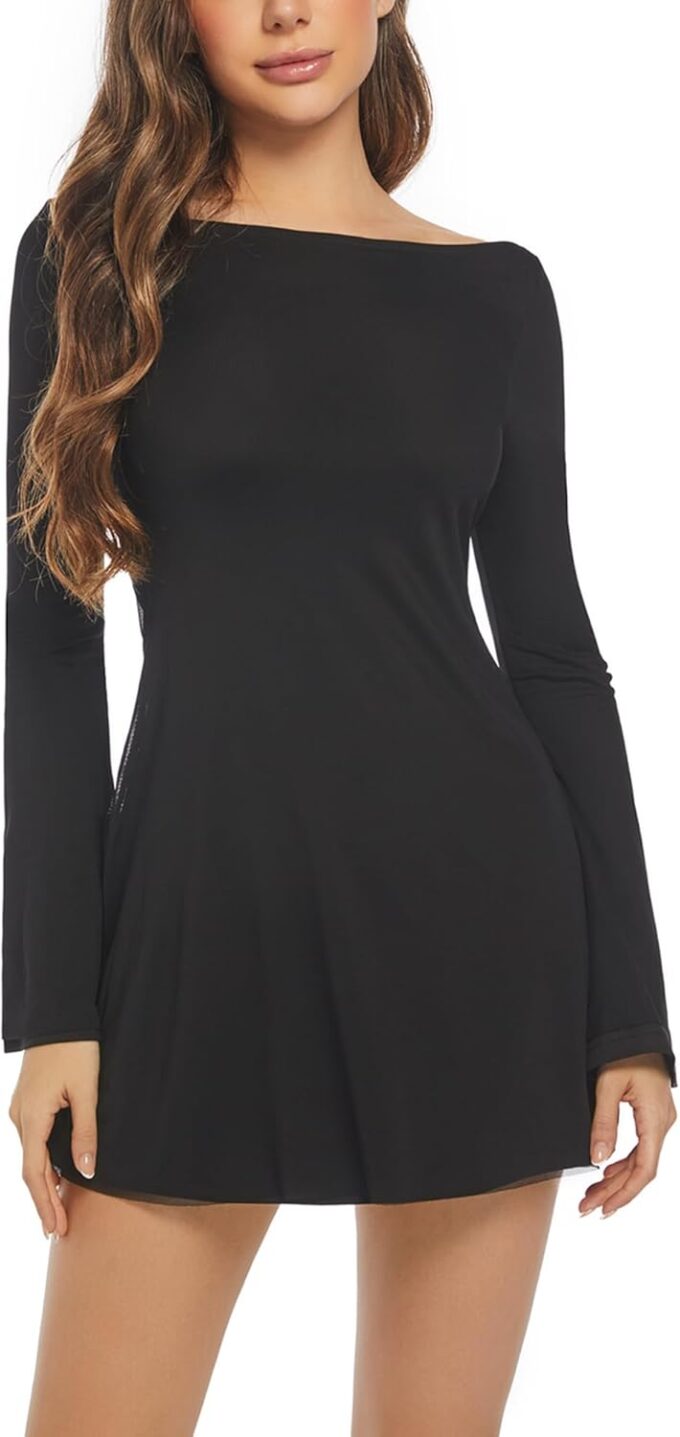 Women's Long Sleeve Dress Flare Mini Dresses Blackless Party Club Dress – Bild 4