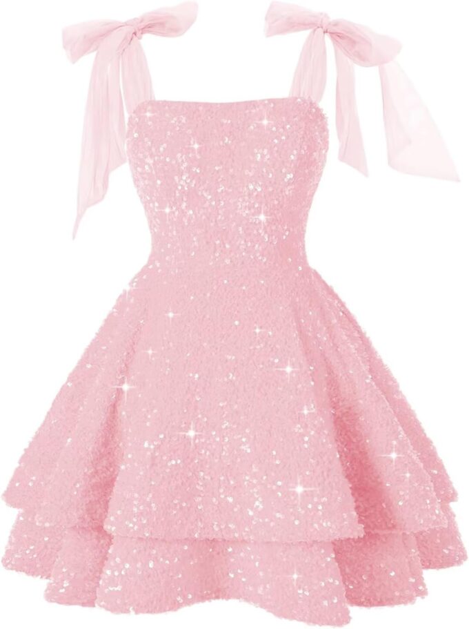 Miao Duo Sparkly Sequin Short Homecoming Dresses 2025 Spaghetti Strap Puffy A Line Cocktail Party Dress with Bow YZTS209