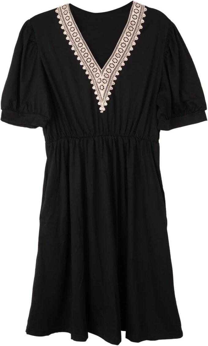 Womens A line V Neck Dress with Pockets Solid Color Short Sleeve Waist Retraction Dress – Bild 5