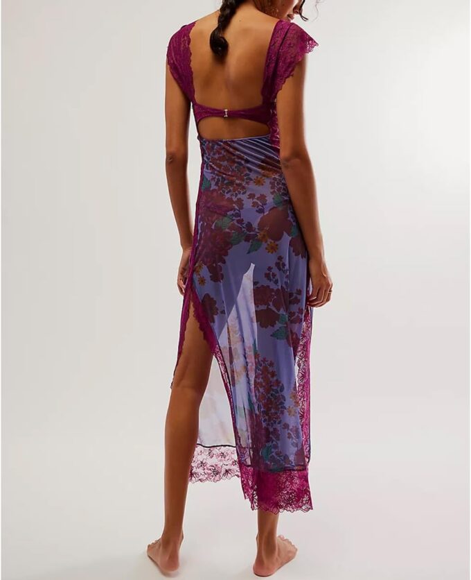 Women Sexy Lace Patchwork Mesh Maxi Dress Floral Print Cutout Sweetheart Neck Backless Slit Summer Y2K Long Dresses – Bild 3