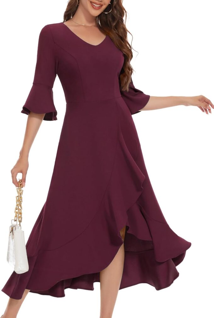 HomRain Women's Wedding Guest Dress Elegant Formal Cocktail Bell Sleeve Dress for Prom Homecoming Tea Party