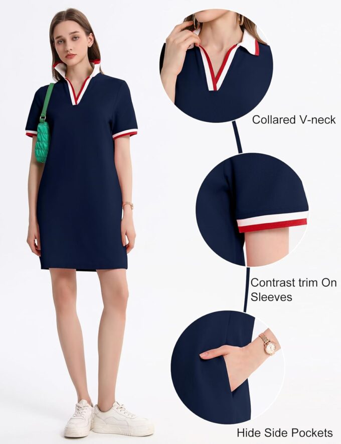 Kissonic Polo Dress for Women V Neck Short Sleeve Flowy Contrast Color Golf Tennis A Line T Shirt Dresses – Bild 4