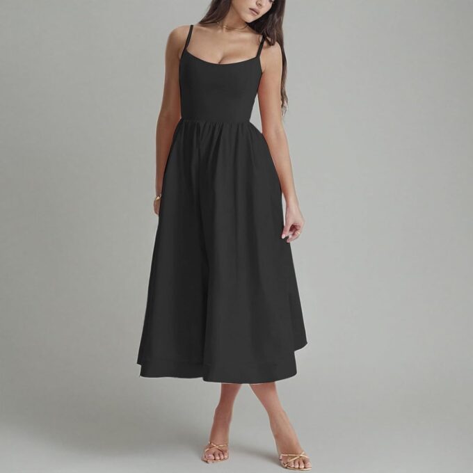Women's Sexy Low Cut Spaghetti Strap Long Dress Casual Sleeveless Backless Slimd Midi Dress Square Neck Bustier Dress – Bild 6