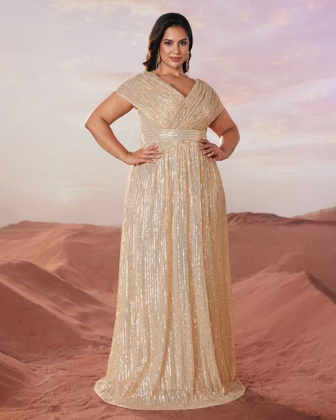 Women's Plus Size V Neck Sequin Formal Maxi Dress A-Line Prom Evening Party Gowns – Bild 4