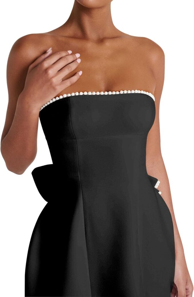 Azhong Women's Summer Sexy Strapless A-Line Sleeveless Mini Dress Off The Shoulder Backless Cute Pearl Bow Dress – Bild 7