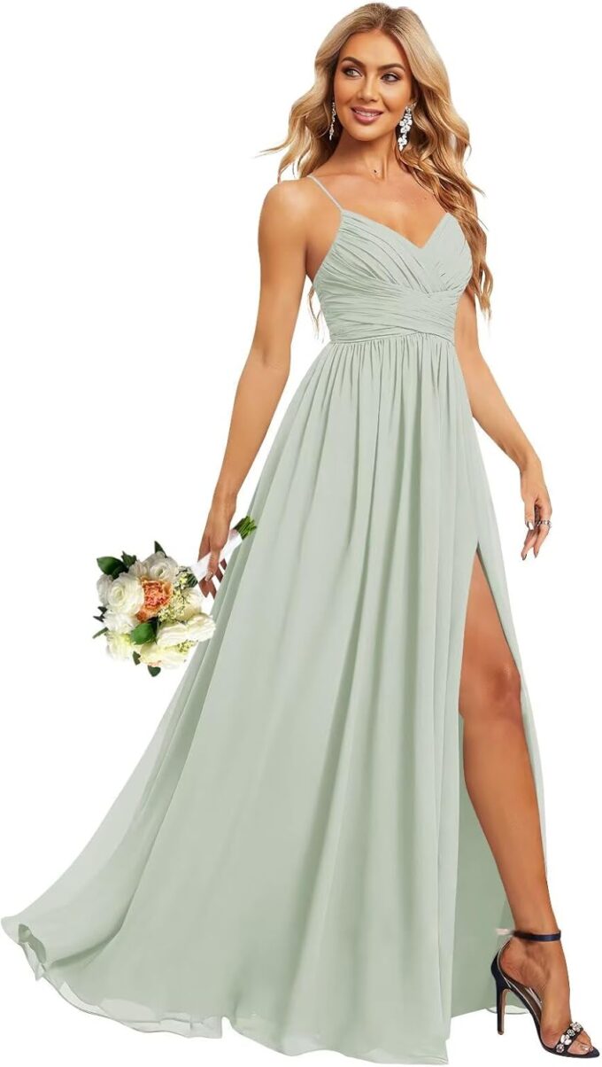 Chiffon V Neck Split Bridesmaid Dresses Long for Women with Pockets Empire Waist Pleated Formal Party Dress