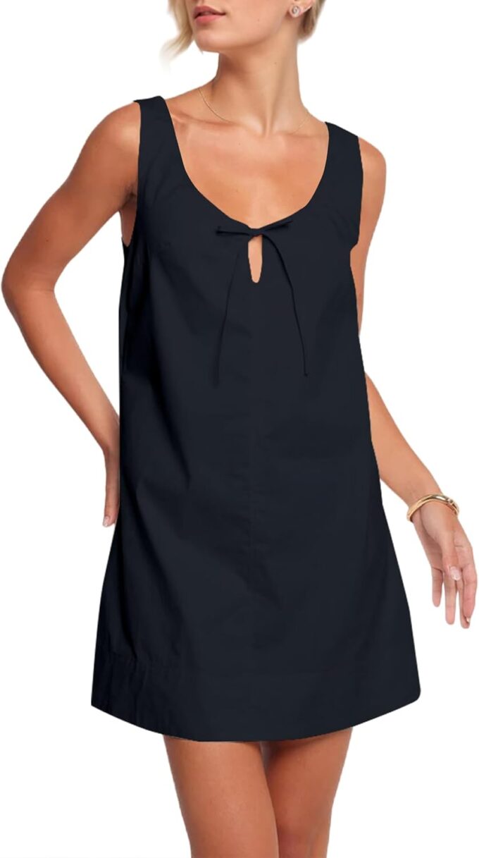 MISSACTIVER Women’s Sexy Scoop Neck Summer Mini Dress 2025 Sleeveless Tie Up Back Button Hollow Out Sundress with Pocket