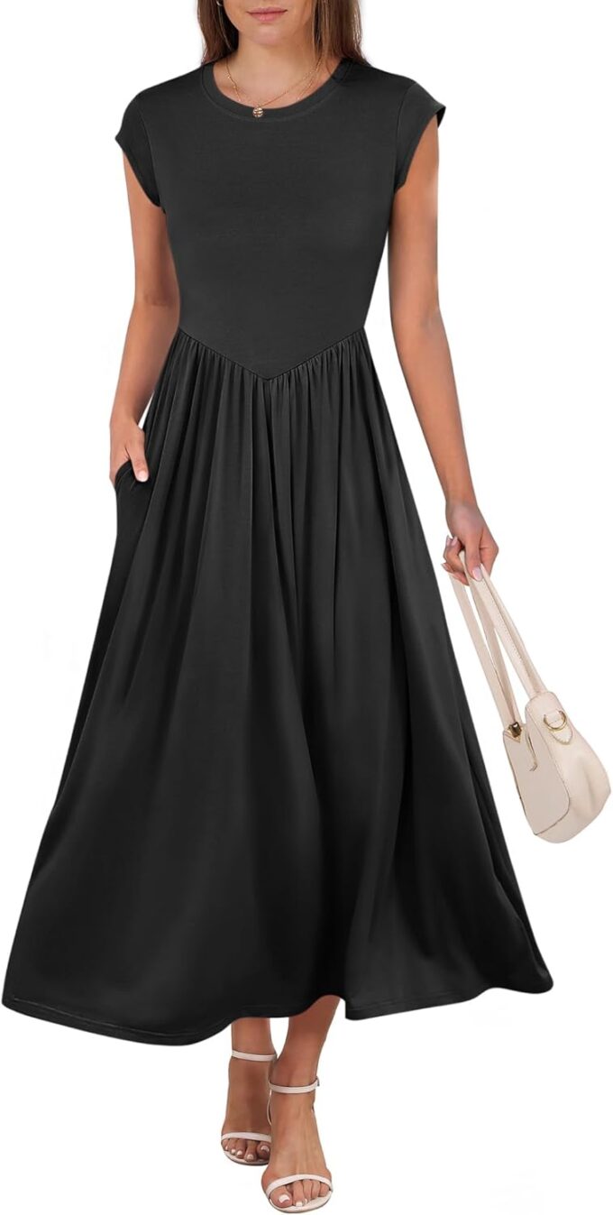 ANRABESS Women Cap Sleeve Maxi Dress Summer Dressy Casual Elegant Fit Flare High Waist Flowy Aline Long Beach Sundress