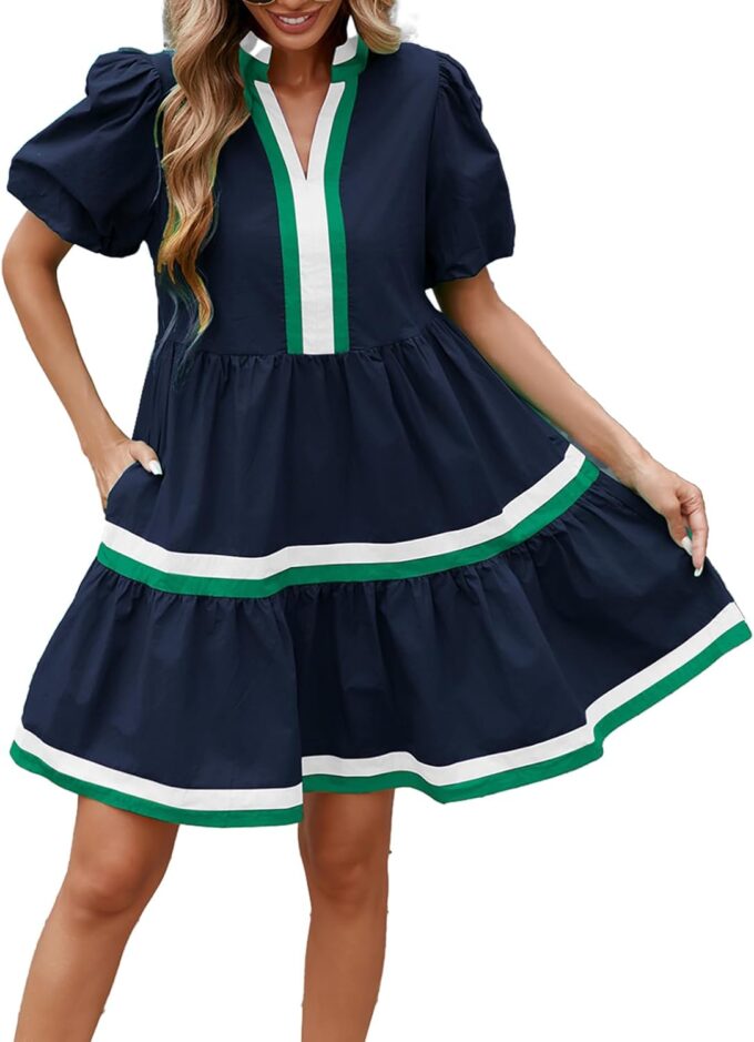 LifeShe Womens Puff Sleeve Babydoll Dress V Neck Navy Blue Striped Color Block Tiered Mini Dresses – Bild 6