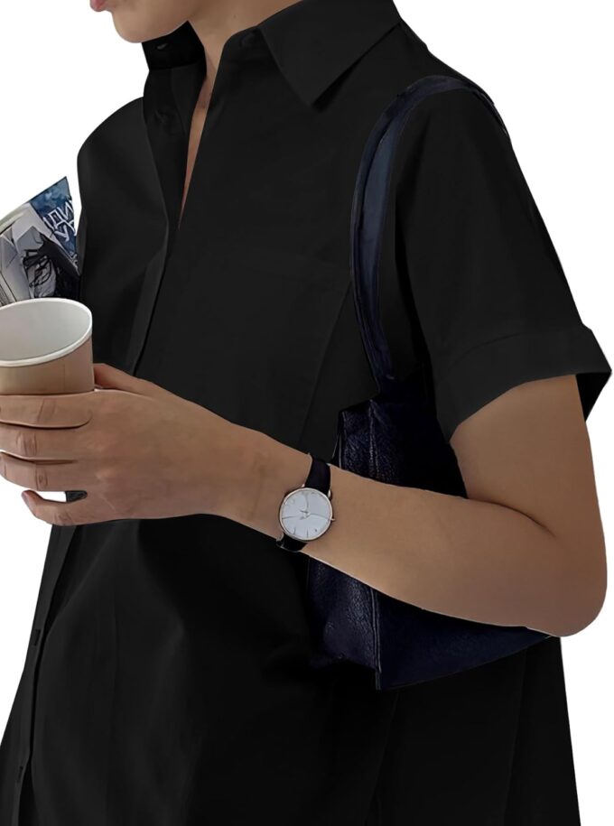 Rooscier Women's Casual Shirt Dress Collar V Neck Button Down Short Sleeve Loose Mini Dresses – Bild 2