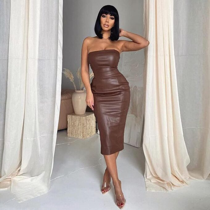 XLLAIS Women Sexy Strapless Tube Top Club Midi Dress Off Shoulder Bodycon Party Faux Leather Dress – Bild 5