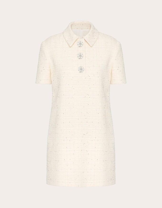 YEXPINE Damen Tweed Mini Etuikleid Polokragen Party Formell Kurzes Kleid Strass Knopfleiste Arbeit Tunika Kleid – Bild 3