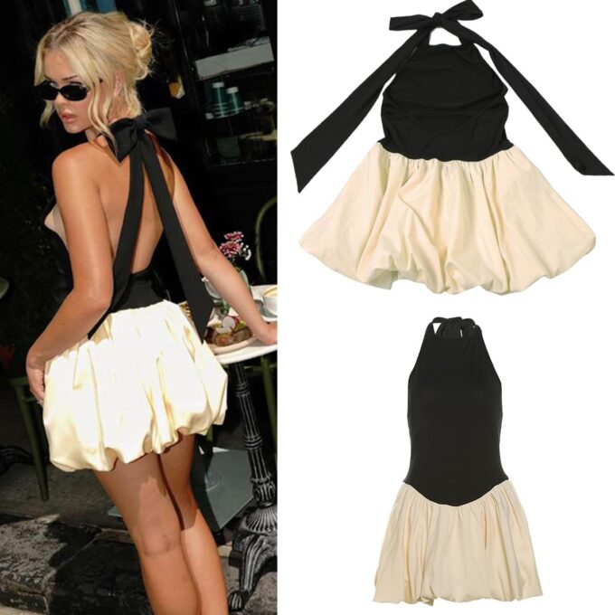 Women Bubble Halter Mini Dress Ruffle Balloon Backless Puffy Dress – Bild 2
