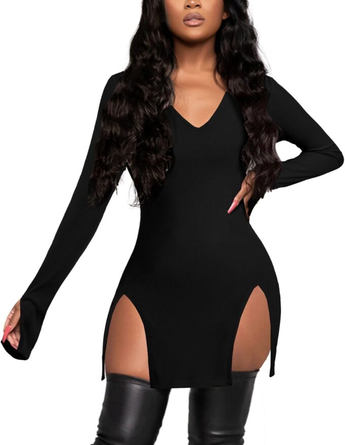 Rooscier Women's V Neck Long Sleeve Side Split Sexy Bodycon Cocktail Mini Dress