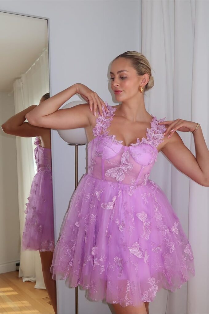 KDTM 3D Butterfly Tulle Homecoming Dresses Short Spaghetti Straps Mini Prom Dress Sweetheart Cocktail Party Gowns – Bild 6