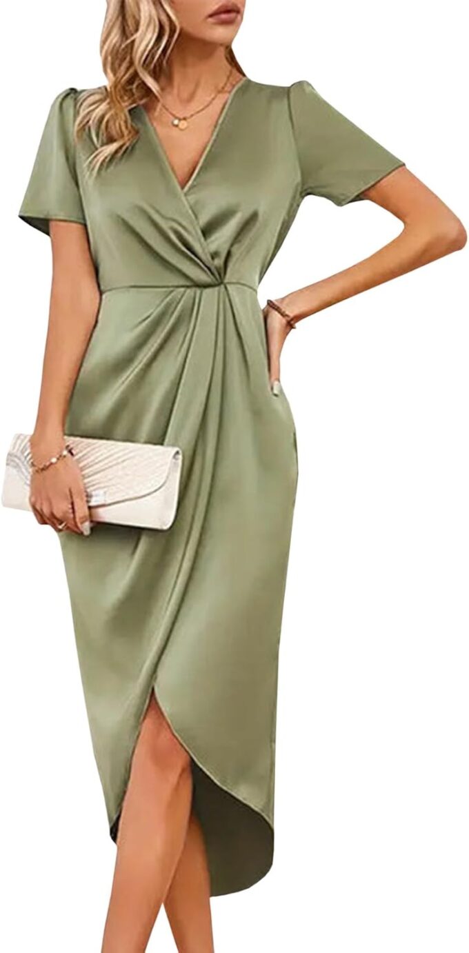 Sexyshine Women's Wrap V Neck Short Sleeve Satin Midi Dress Split Hem Ruched Pleated Formal Evening Party Dresses