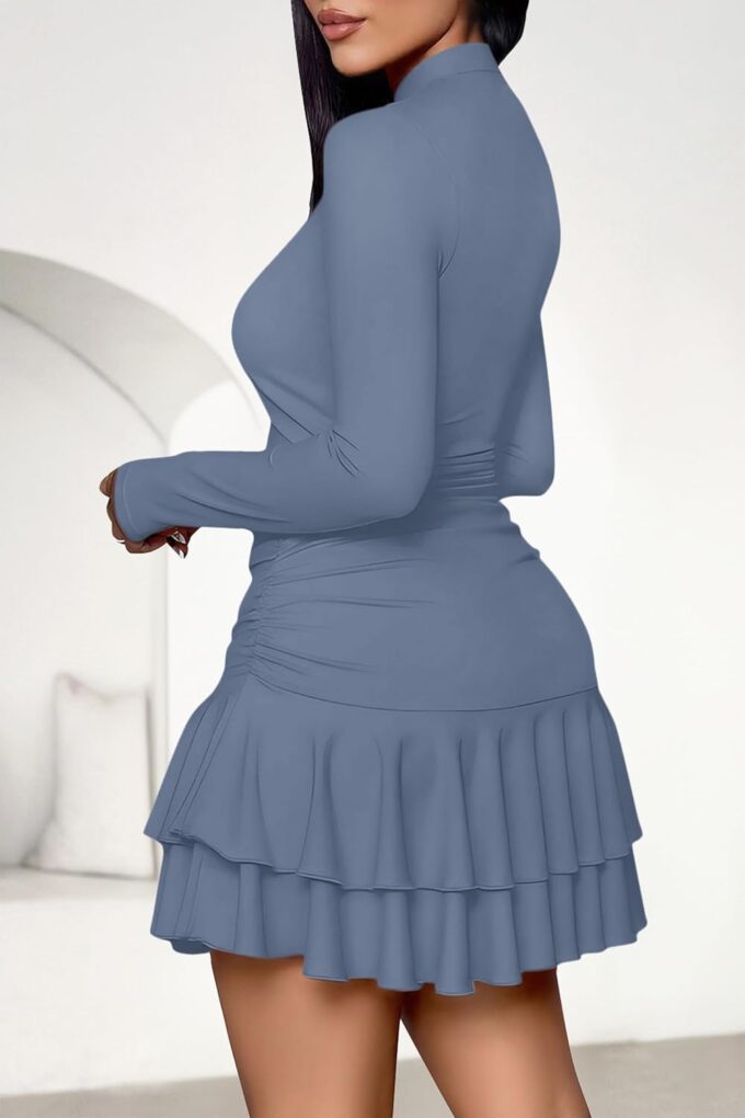 PRETTYGARDEN Women's Fall Long Sleeve Dresses 2025 Mock Neck Ruched Y2K Clothes Ruffle Layered Bodycon Mini Party Dress – Bild 5