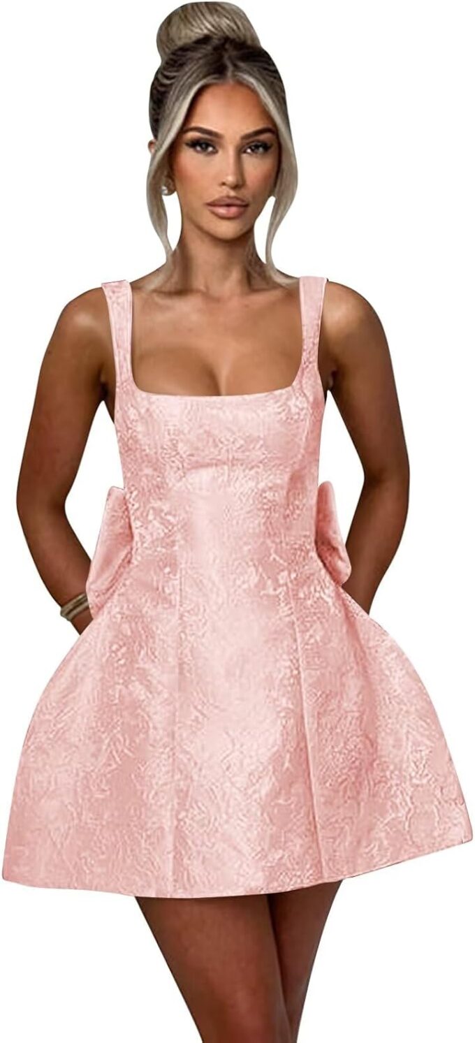 Jacquard Satin Homecoming Dresses Square Neck Mini Bow Dress Short Prom Cocktail Party Gowns – Bild 6