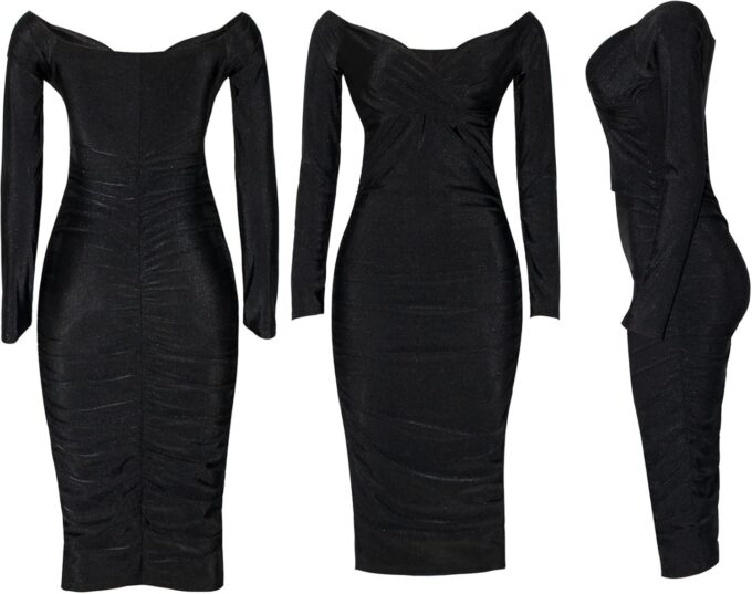 Uni Clau Women's Sexy V Neck Off Shoulder Ruched Bodycon Dress Long Sleeve Slim Fit Cocktail Midi Dress Party Dresses – Bild 4