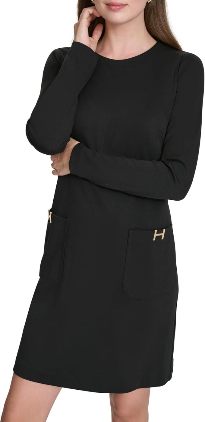 Halston Damen Long Sleeve Scoop Neck Wear to Work Dress Kleid