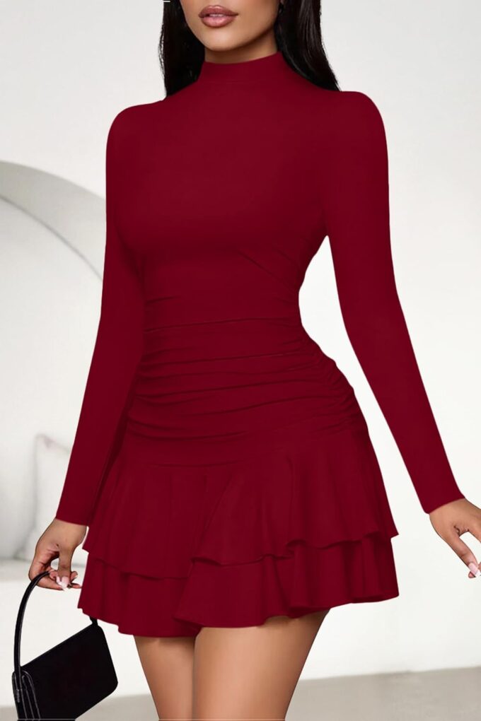 PRETTYGARDEN Women's Fall Long Sleeve Dresses 2025 Mock Neck Ruched Y2K Clothes Ruffle Layered Bodycon Mini Party Dress – Bild 7