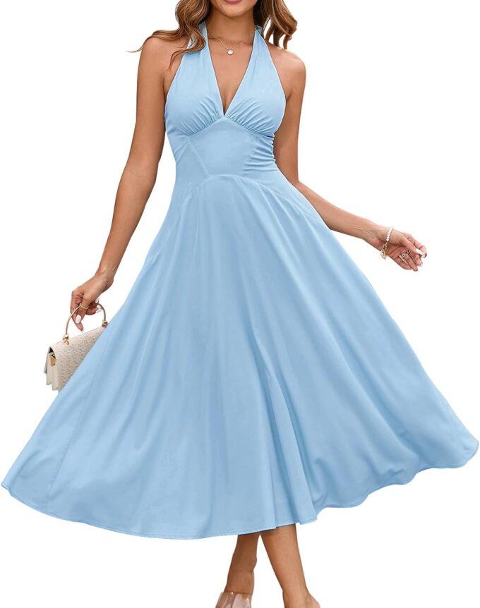 GLNEGE Women's Summer V-Neck Long Dress Casual Halter Wedding Guest Dresses Boho Flowy Smocked Sundress 2025