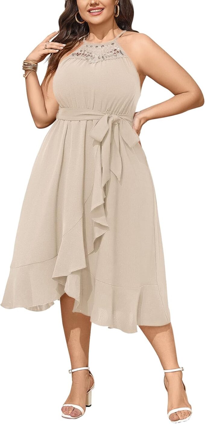 SCOMCHIC Womens Plus Size Summer Dresses Sleeveless Halter Neck A Line High Low Split Ruffle Long Dress with Belt