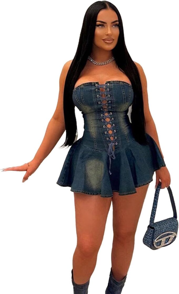Sexy Tube Denim Dress Corset Strapless Ruffled Hem Jean Mini Dress – Bild 2