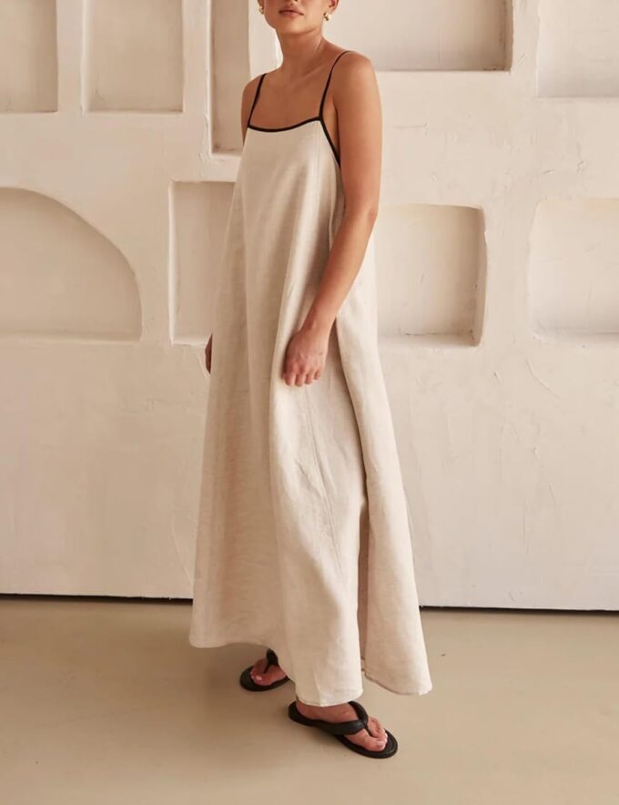 Womens Summer Linen Maxi Dress Contrast Trim Spaghetti Straps Backless Sleeveless Long Flowy Dresses – Bild 6