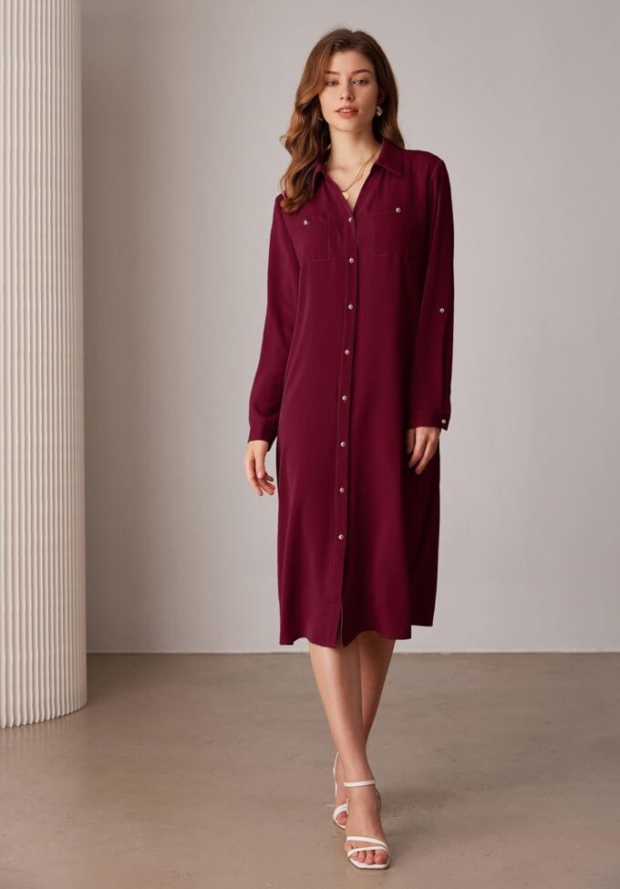 GRACE KARIN Women's Long Sleeve Button Down Shirt Dress Casual Loose Tie Waist Adjustable Sleeve Length Midi Dresses – Bild 4