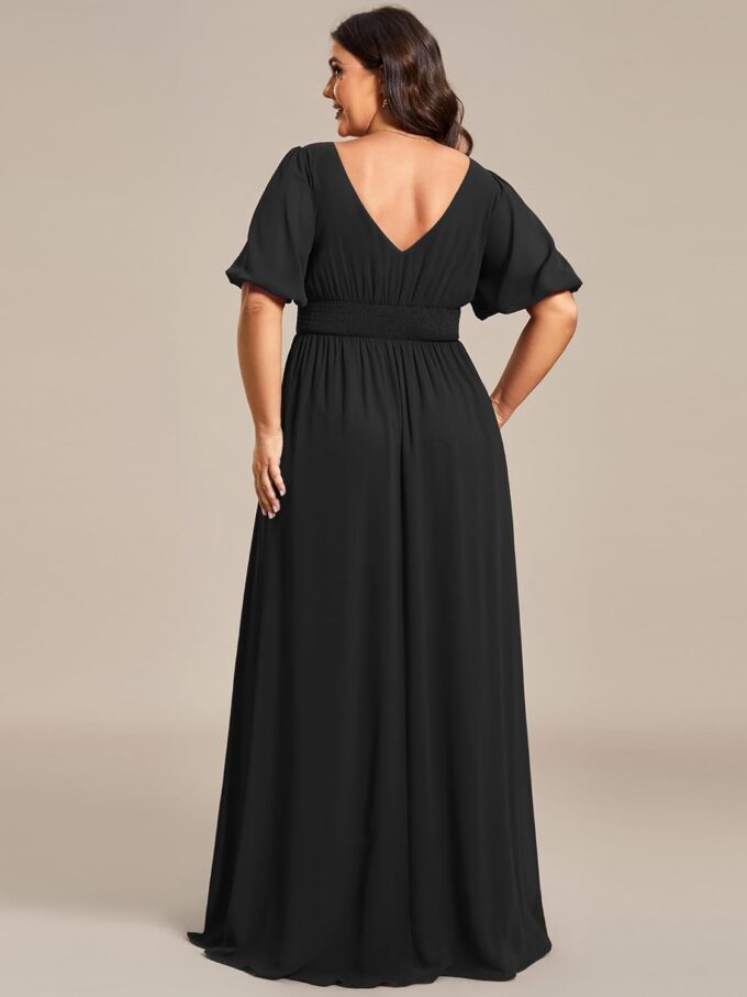Ever-Pretty Plus Womens V-Neck Puffy Sleeves Empire Waist Ruched Bust A-Line Slit Maxi Plus Size Formal Dress – Bild 2
