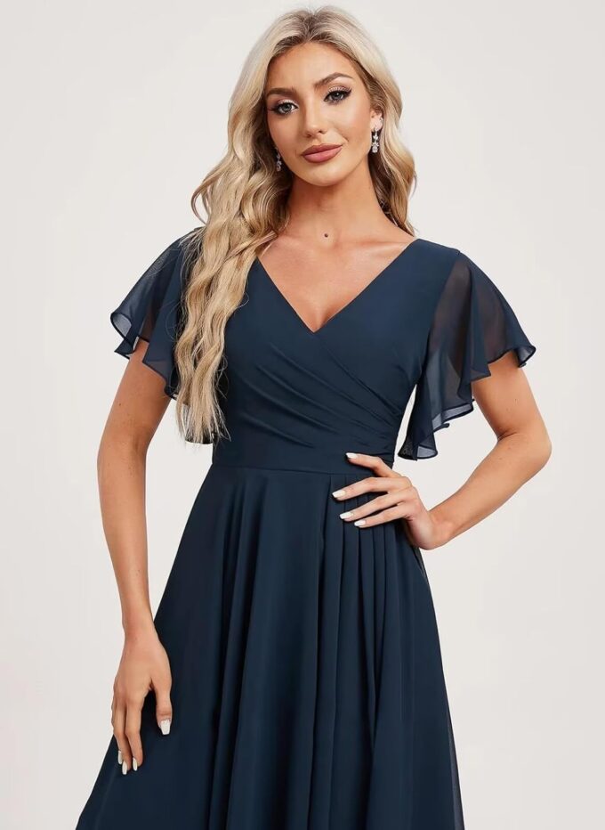 Asymmetrical V Neck Ruched Chiffon Bridesmaid Dresses Short for Women Flutter Sleeve Formal Party Gowns with Pockets – Bild 4