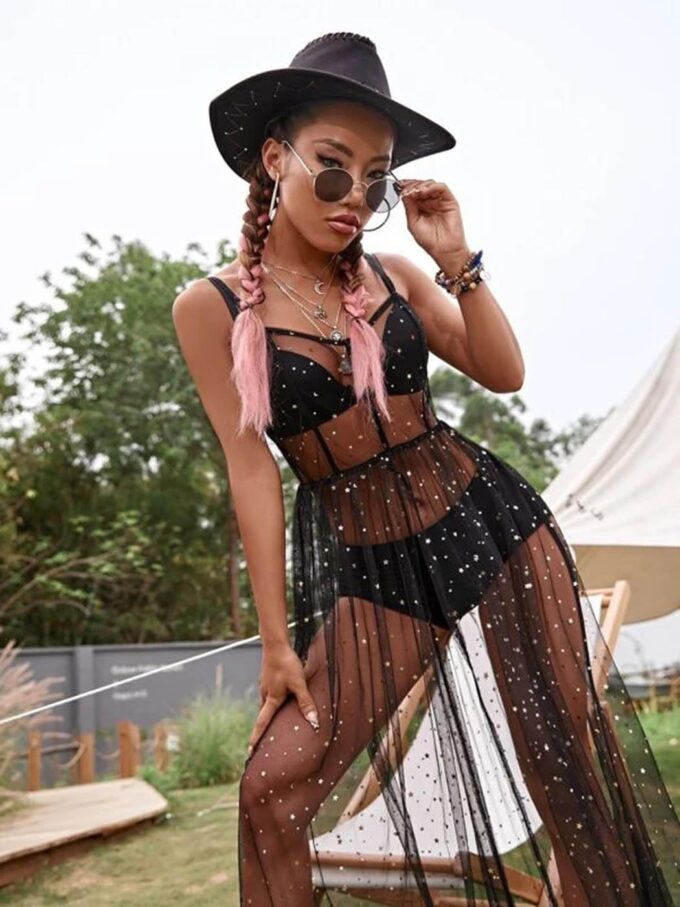 GRAEEN Black See Through Dress Sheer Mesh Rave Outfits Long Dresses for Women – Bild 5