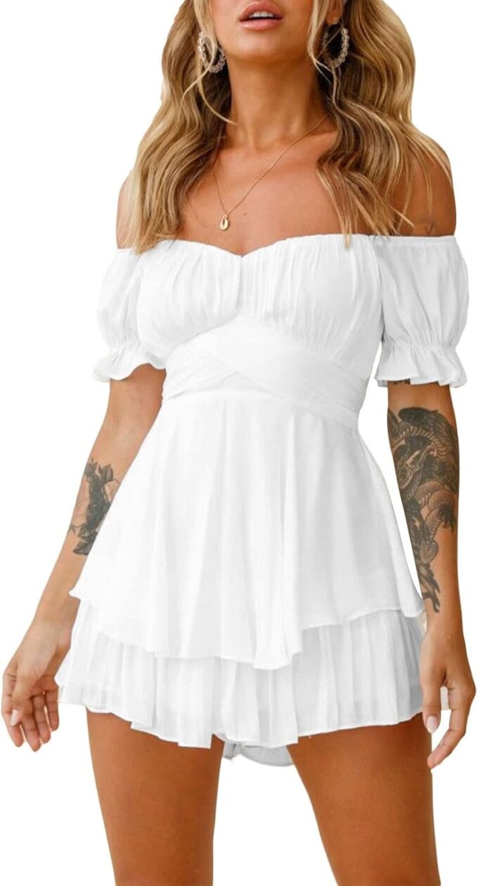 AOHITE Womens Summer Tube Top Dress Off-Shoulder Ruffled Flowy Mini Short Dresses