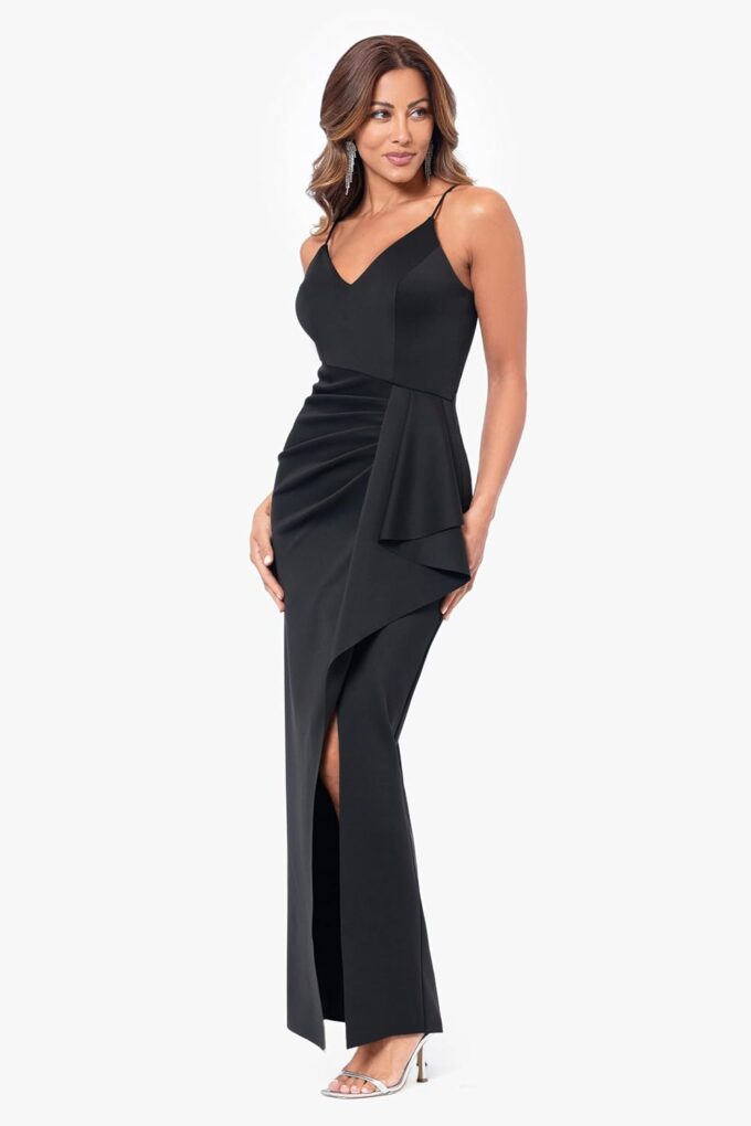 Xscape Women's Sleek Sleeveless V-Neck Gown with Cascading Ruffle and High Slit – Bild 3