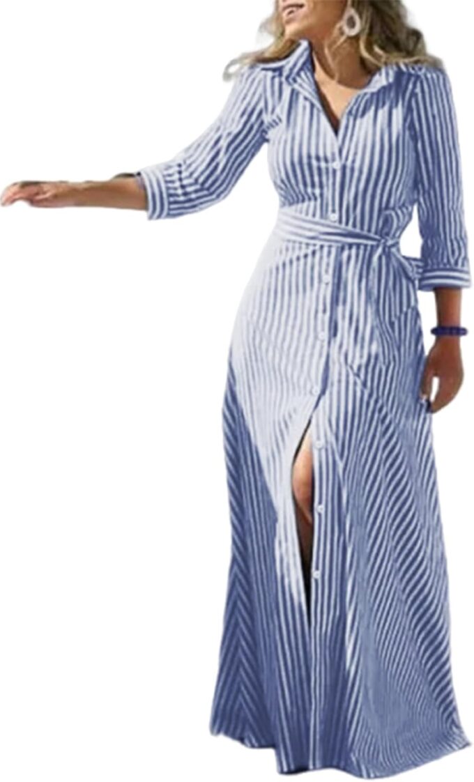 utcoco Women's 2025 Spring Summer Casual Striped Maxi Dress Button Down Shirt Dress with Belt