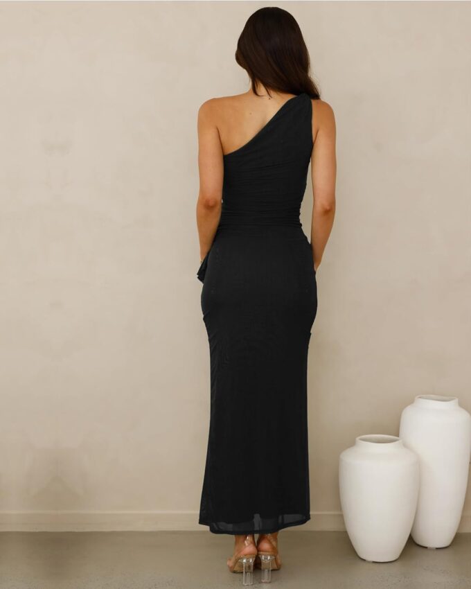 Women's Summer Dresses Bodycon Sexy One Shoulder Side Slit Ruffles Elegant Prom Cocktail Wedding Guest Mesh Maxi Dress – Bild 6
